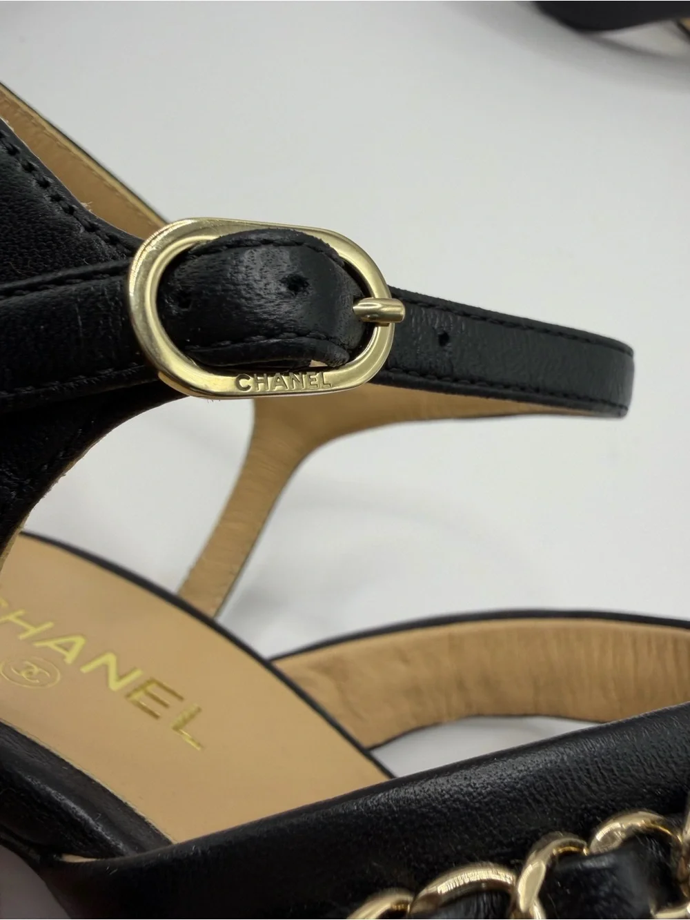 CHANEL Black Leather Chain-Trim High Heel Sandals
